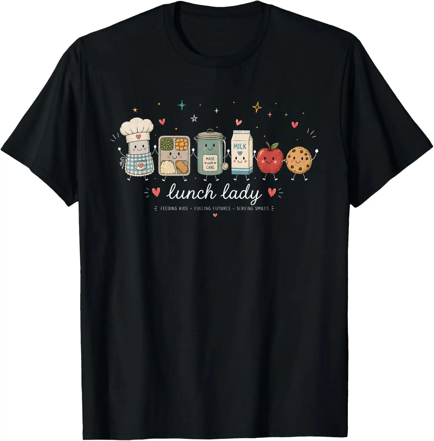 Lunch Lady Feeding Kid Serving Smile Cafeteria Worker School T-Shirt Men Women Unisex Novelty Graphic T‑Shirt, Classic Crew Neck 100% Cotton Tee, Lightweight Anti‑Pilling Breathable Casual Tops, Year‑Round Daily Outfit, Holiday Birthday Present Tee