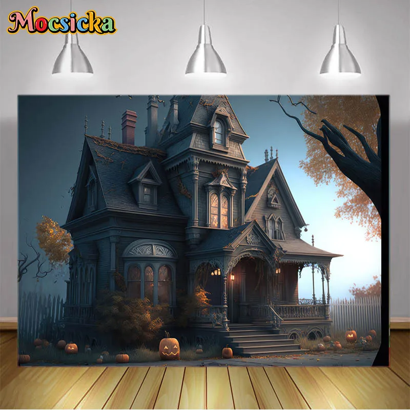 Mocsicka Photography Backgrounds Halloween Haunted House Pumpkin with Dark Scary Atmosphere Backdrop Kids Portrait Photo Studio