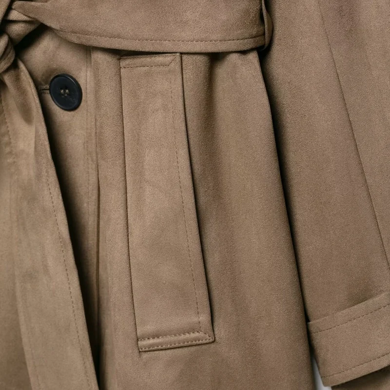 KEYANKETIAN Autumn And Winter New Women's Windproof Lapel Double Row Buckle Lace up Suede Windbreaker Women Leather Jacket Long