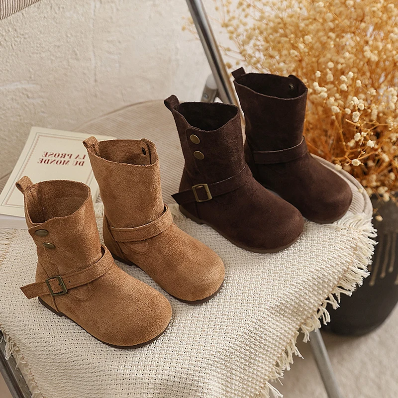 High Top Ankle Strape Girls Platform Shoes Boots Versatile Suede Leather Baby Girl Runway Shoes Kids Low Heel Footwear