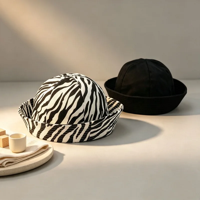 Korean Double-sided Striped Bucket Hat for Women Summer and Autumn Dome Versatile Flip-brim Sailor Hats Octagonal Beret Cap