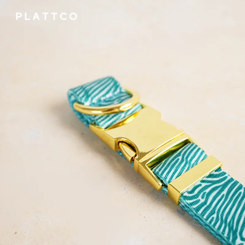PLATTCO unique design dog collar print GREEN ZEBRA pattern and high-quality gold buckle 5 size PDC333YG
