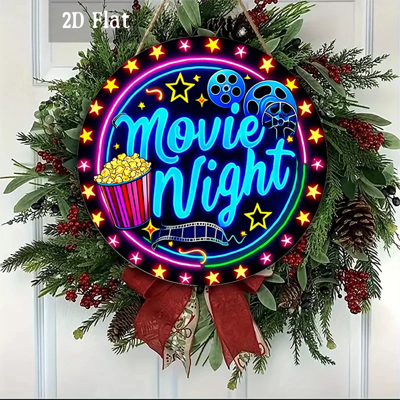 2D Metal Sign, 2D Movie Night Popcorn & Film Reel Wood Sign, Neon Starry Sky Wall Art for Home Garage Cafe Decor