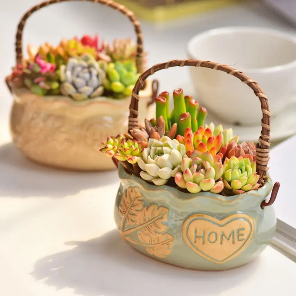 Corrosion-resistant Ceramic Succulent Planter With Handle Decorative Creative Flower Pot Breathable Nordic Flowerpot Ornament