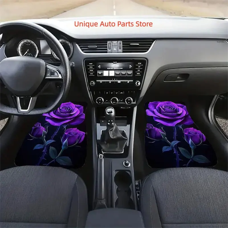 4pcs Luxury Purple Rose Car Floor Mats Set - Crystal Velvet Anti-Slip Fit, All-in-One Pedal-Saving Design, Easy-Clean Car Interi