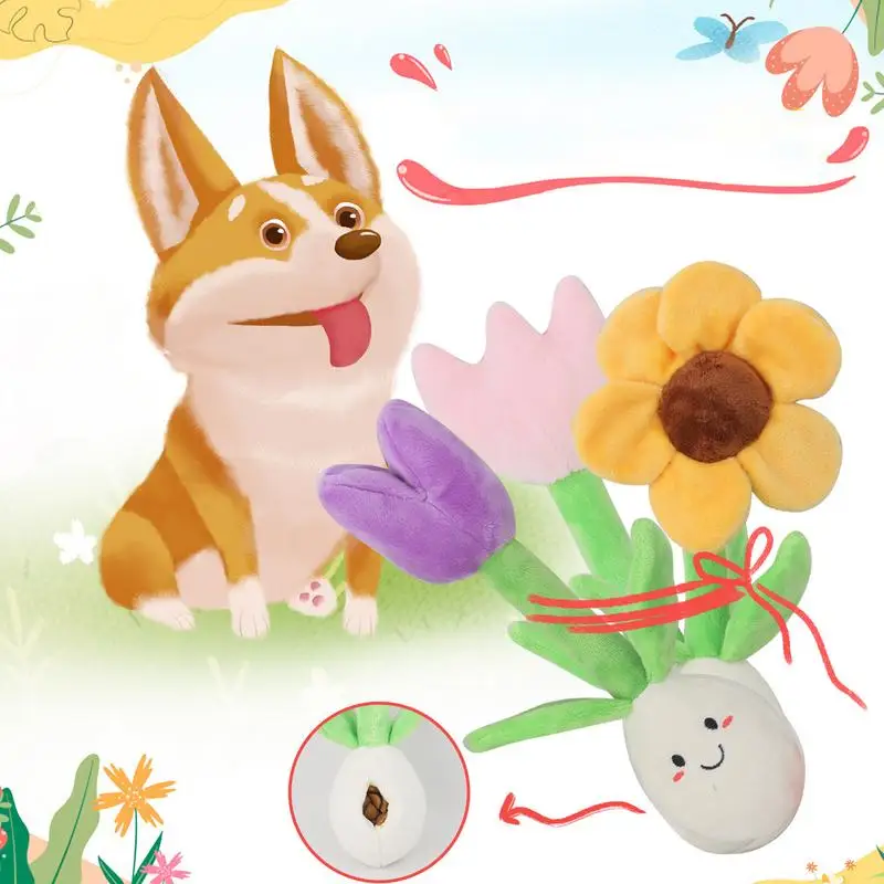 

Sound Making Puppy Toy Dog Slow Feeding Treat Toy Cartoon Flower Shape Chewing Plush Teething Toy For Pets Cat Dog