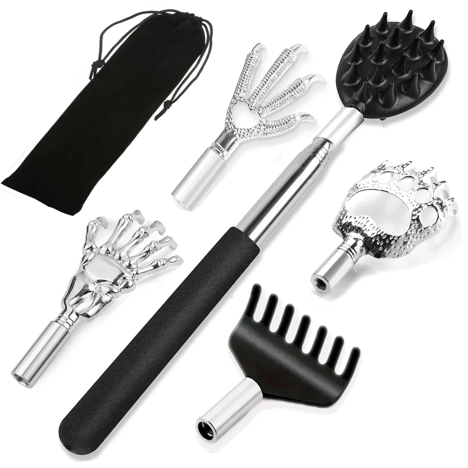 Telescoping Back Scratcher with 3/5Pcs Detachable Heads Stocking Stuffers for Men Christmas Gifts Extendable Back Massager Tools