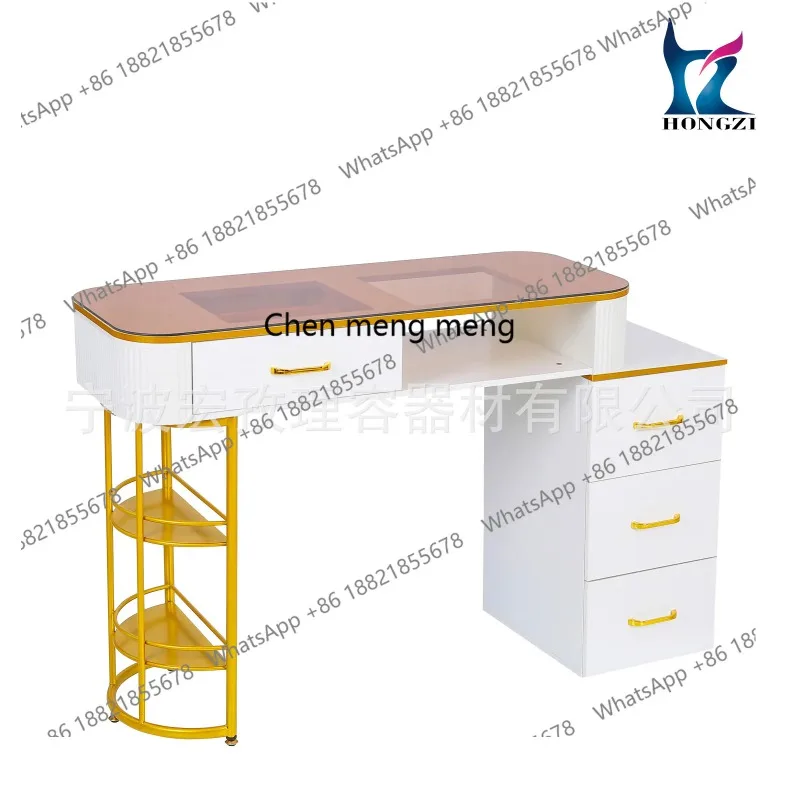 A50 White manicure table, brown glass countertop with drawers for nail salons