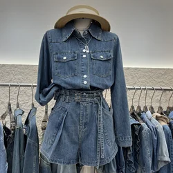 Women Denim Shirt Set 2024 New Spring Long Sleeved Shirt High Waist Jean Shorts 2Pcs Suits Fashion Female Clothes Set