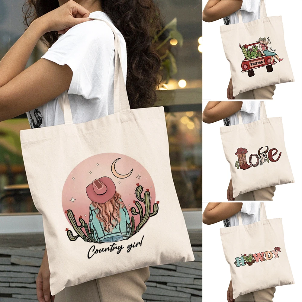 

Vintage Country Girl Shopping Bags Western Truck Lady Daily use Shoulder Handbag Double Print Wild West Women Shopper Bags 40x45