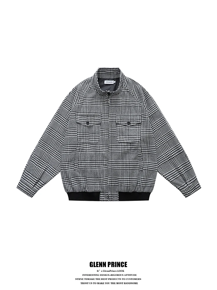 

Vintage Plaid Design Men's Flight Jaet Couple's Woolen Coat Loose Fit Long Sve Zipper Closure Youth Faion Spring Autumn