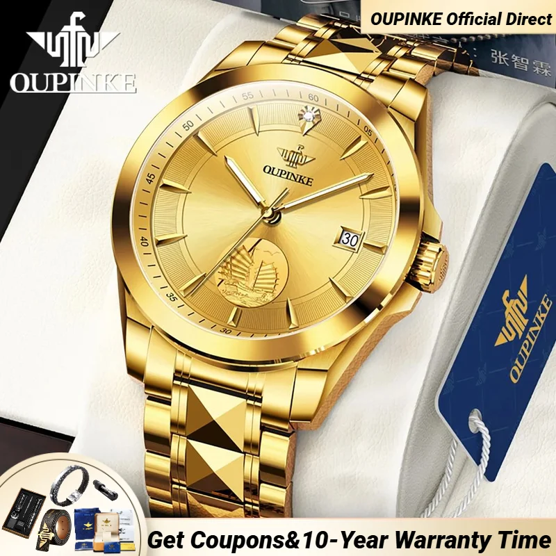 OUPINKE 3226 Real Gold Watch for Men Japan Imported Automatic Movement Sapphire Mirror Tungsten steel Strap Man Hand Clock