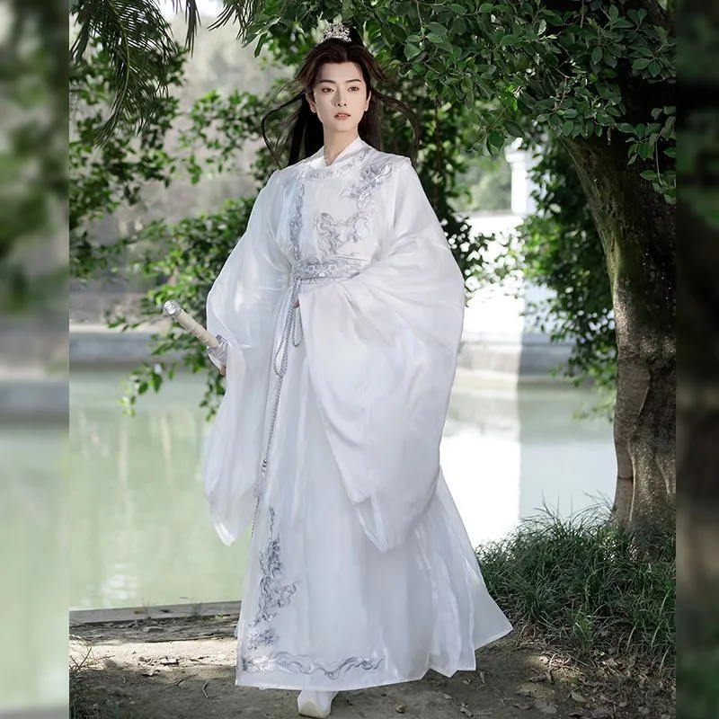 Hanfu adult whitemen'sandwomen's spring and summerembroidered ancient style ethereal andelegant set Tang-style round-necked robe
