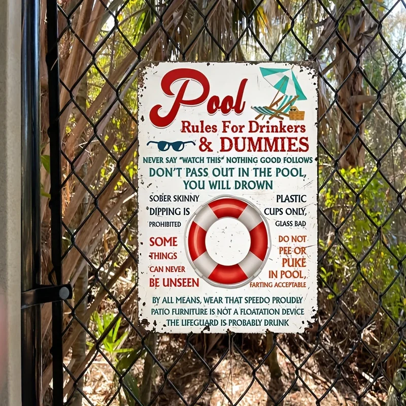 2D Flat, 1pc Funny Pool Rules Metal Poster - Retro Bar Decor with Red Lifebuoy Graphic Pool Decoration for Home, Office,Garage
