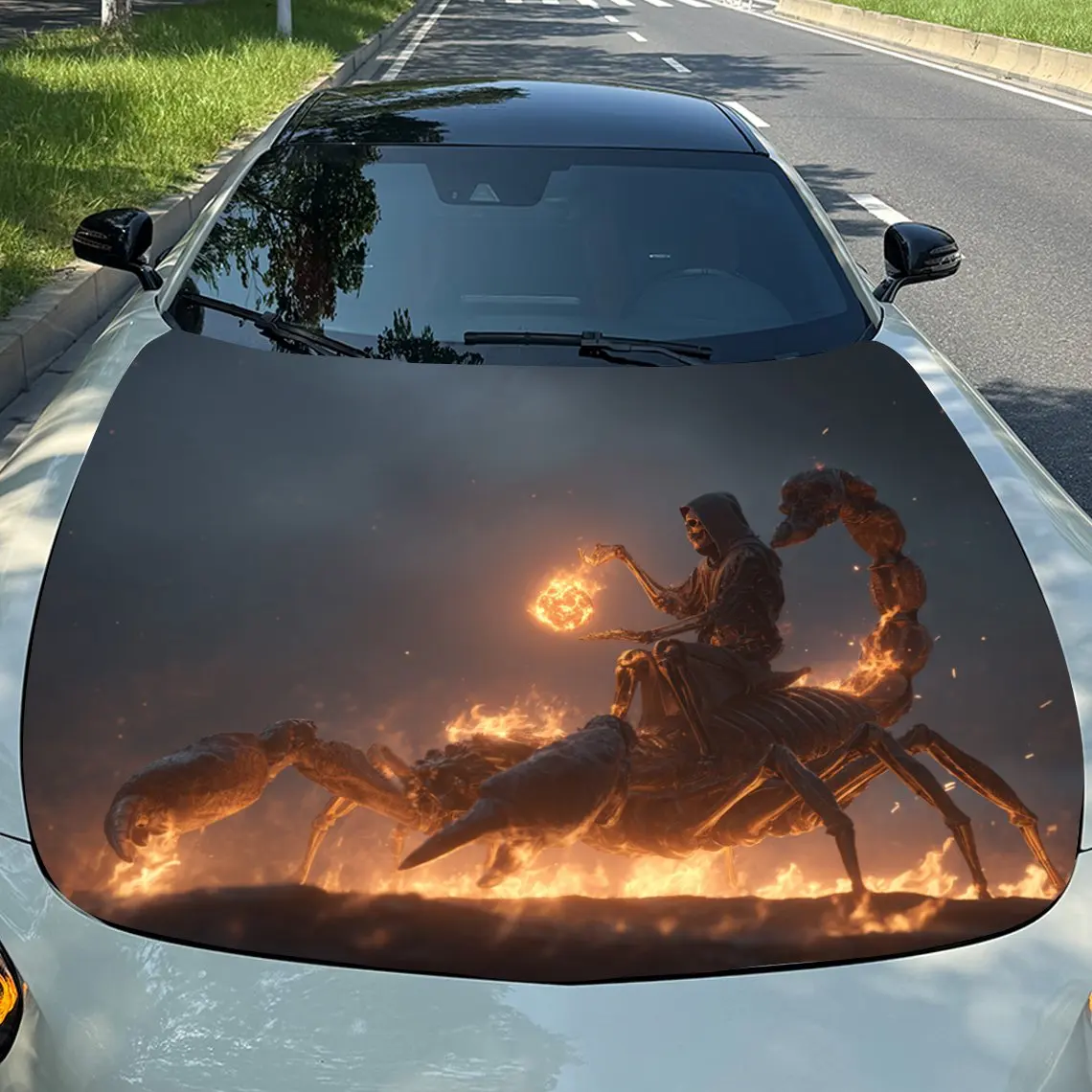 Magic Skull And Flame Scorpion Car Hood Sticker Durable PVC Vinyl Wrap For Car Hoods Featuring Cool Pattern Design, Suitable For