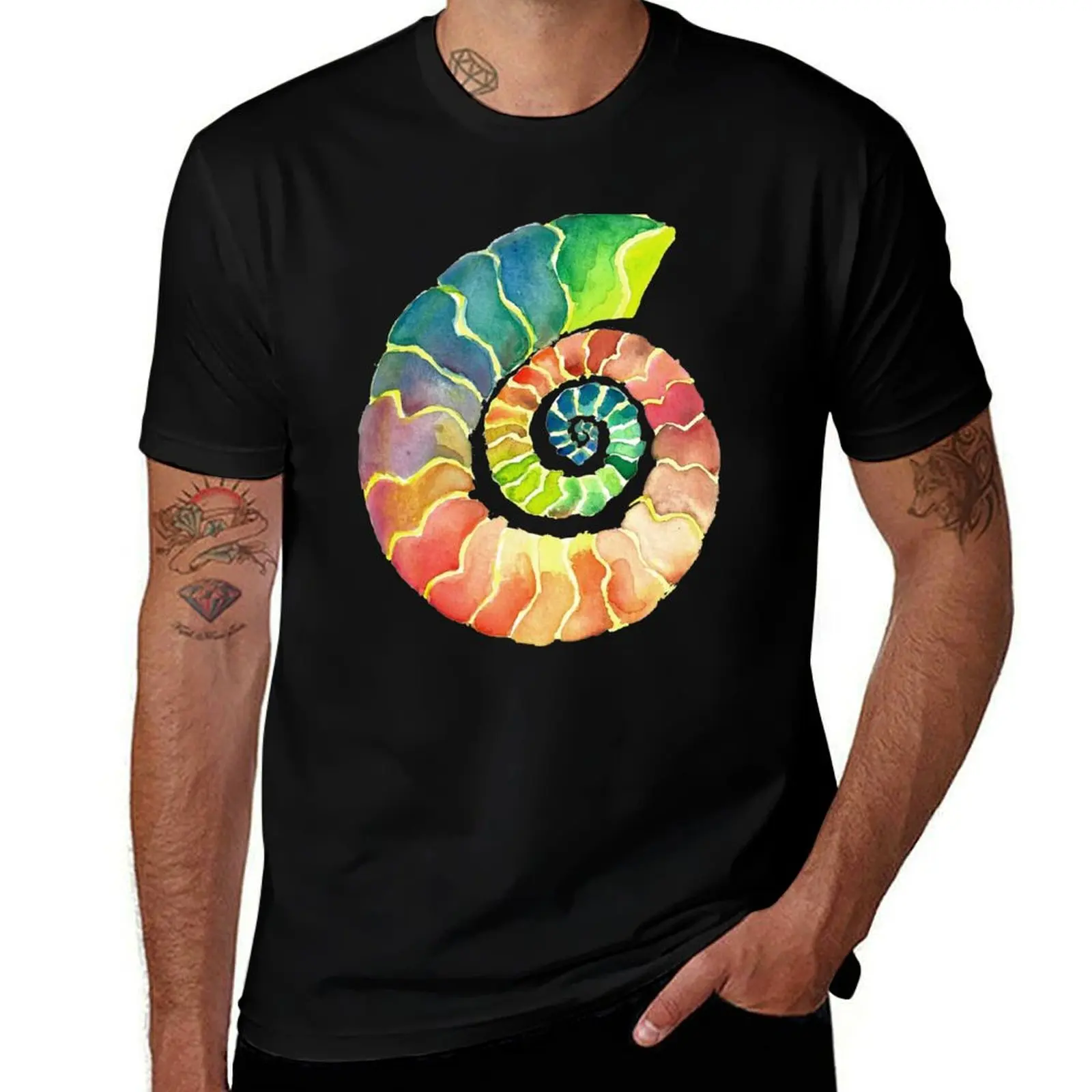 Watercolor Fossil Ammonite in Rainbow T-Shirt oversizeds Blouse clothing for men