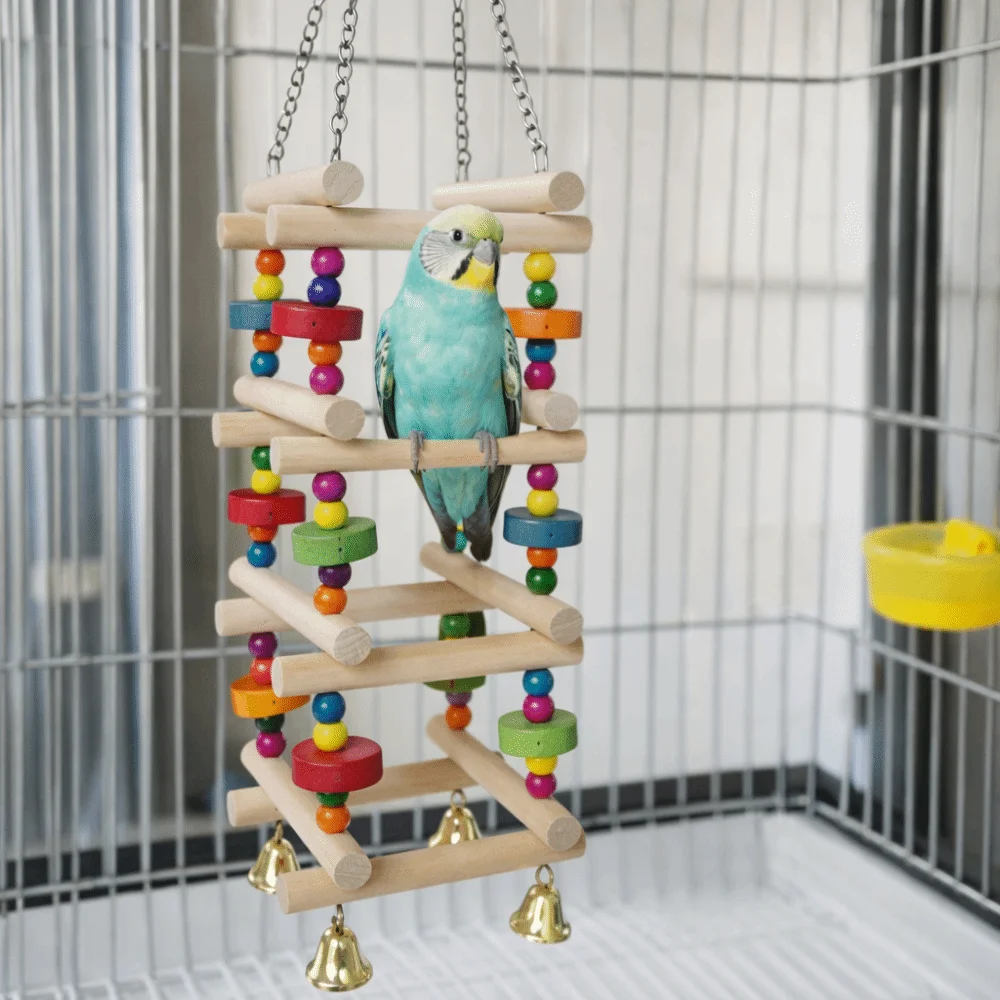 

Colorful Wooden Parrot Chew Toys Bite Resistant Hanging Bird Cage Standing Multi Layer with Bells Parrot Swing Toy Cage Stand