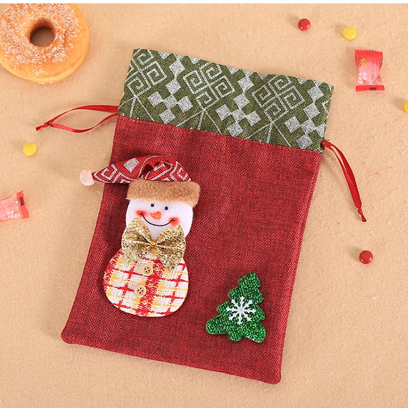 2025 New Christmas Large Candy Gift Big Bag Cute Christmas Linen Tote Bag Lattice Side Drawstring Pocket Gift For Children