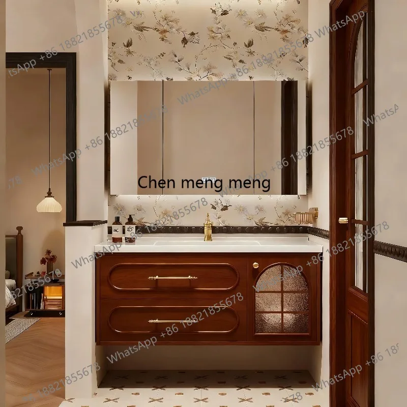 

French medieval oak bathroom cabinet ceramic integrated basin washstand retro style washbasin cabinet