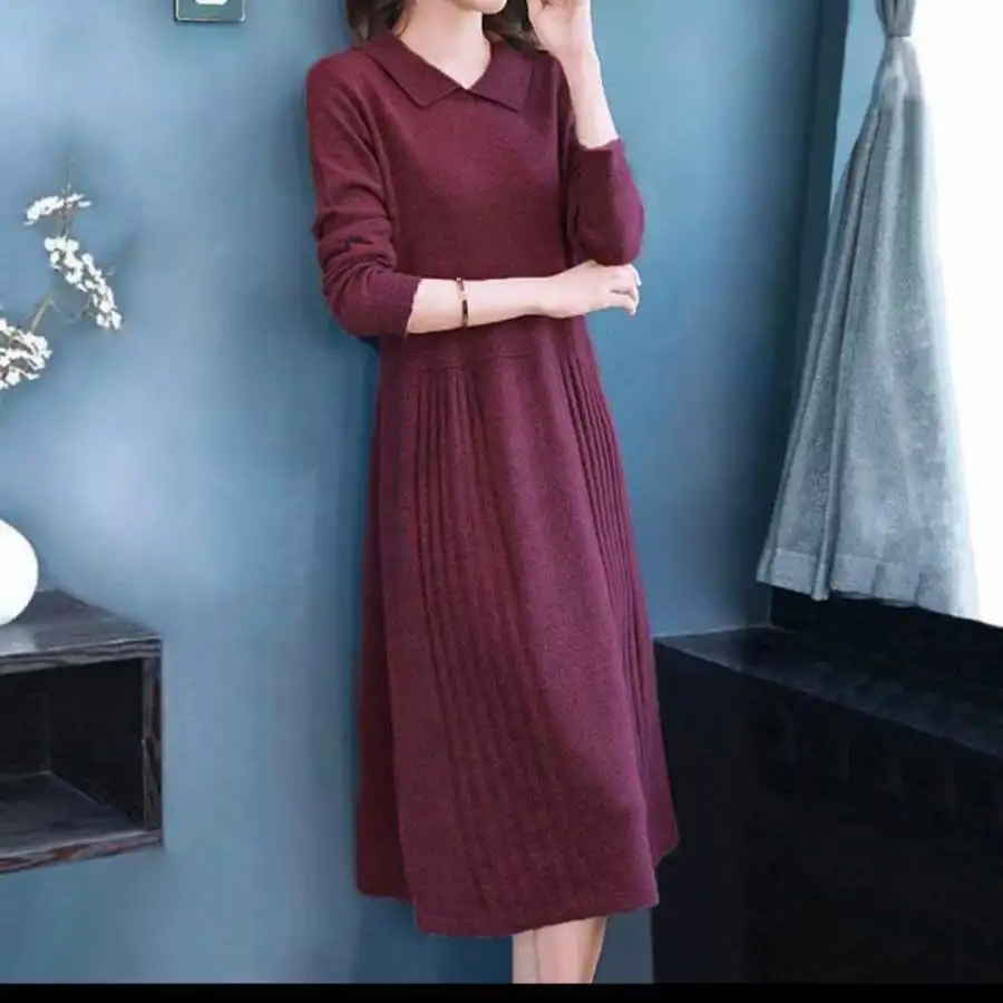 Vestido ajustado de algodón puro para mujer, ropa elegante con cuello vuelto, Color sólido, para oficina, Otoño e Invierno