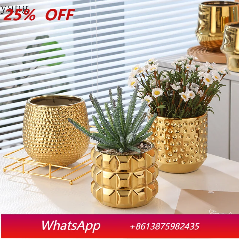 CX Office Gold Ceramic Flower Pot Phalaenopsis Orchid Pot Electroplating Advanced Sense Potted Plant