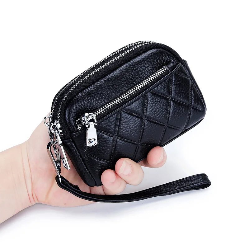 Women Coin Purse Cowhide Large Capacity Three Zipper Multifunction Money Lipstick Pocket Clutch Coin Bag Removable Wrist Strap