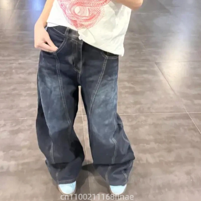 Amerikaanse veelzijdige retro gewassen noodlijdende silhouet gebogen jeans voor dames, los en afslankend, wijde pijpen, casual hangende broek