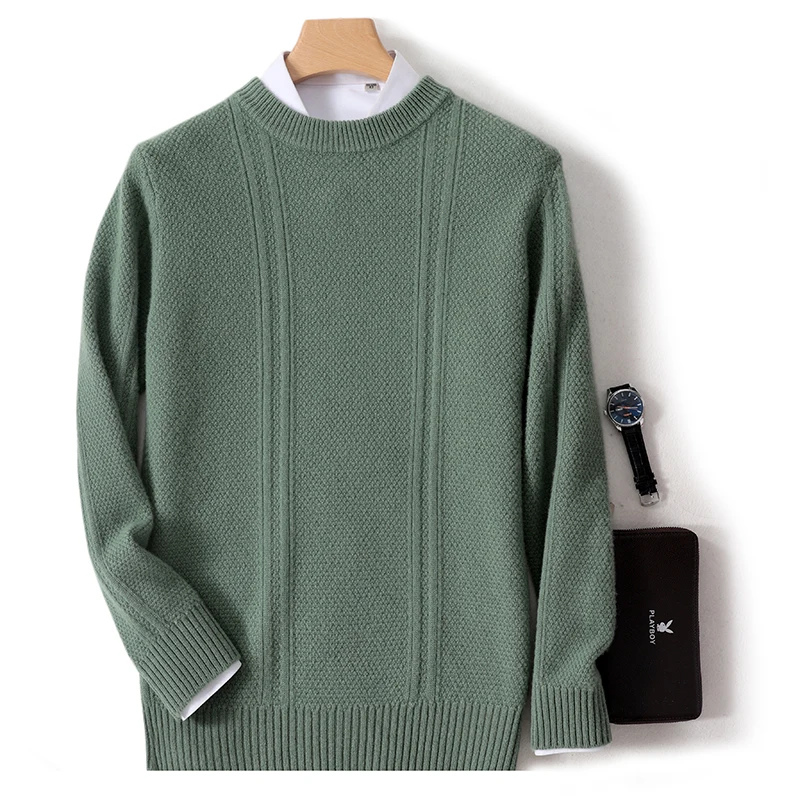 

100% pure cashmere sweater men's thick crewneck sweater autumn and winter new youth high-end brand knitwear trend