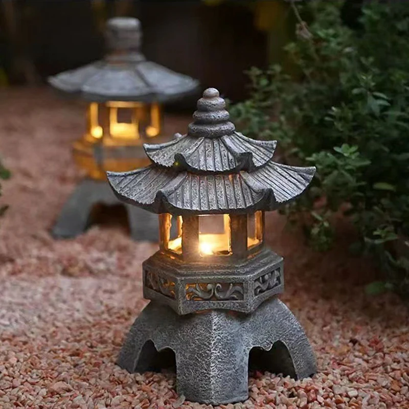 Resin Tower Statue Solar Lamp Solar Led Light Manual Switch IP55 Waterproof Garden Sculpture Japanese Lantern and Stone Lamp