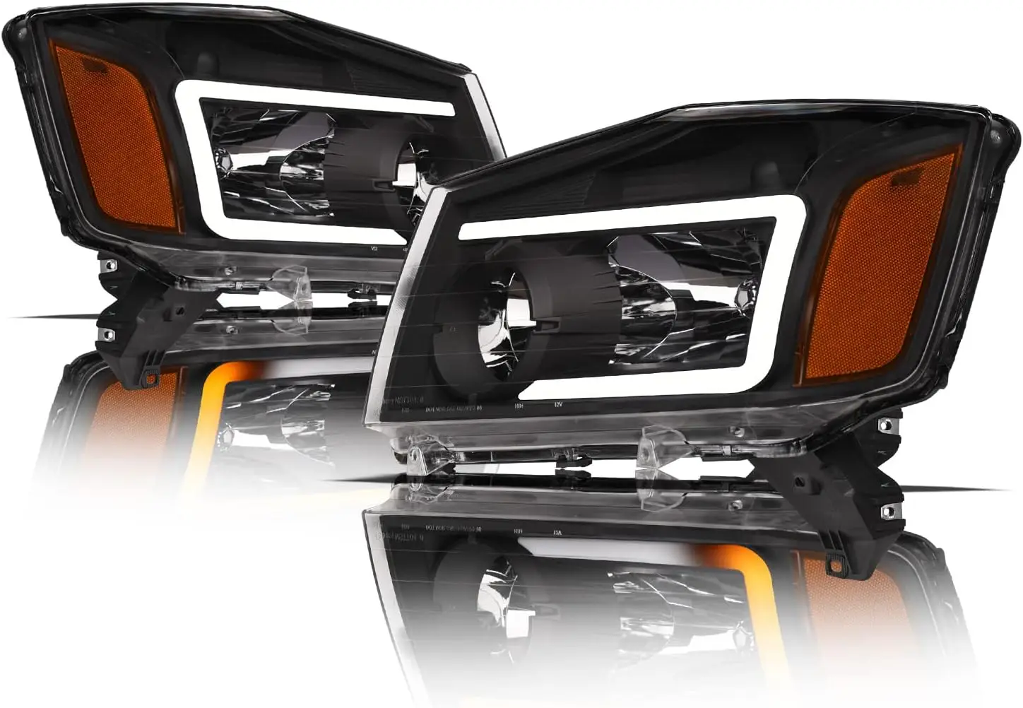 Crystal Headlights With Switchback Sequential LED Light Bar & Startup Light - Black Amber Fits 2004-2015 Nissan Titan / 2004 200