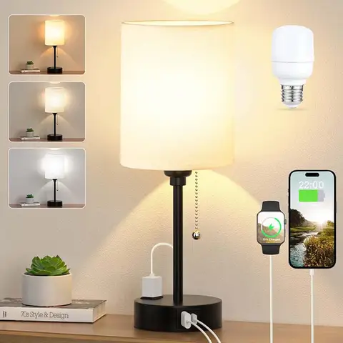 USB Wireless Charging with Table Lamps Set Bedside Small Rechargeable Led Double Grey Linen Dual Socket Pull Switch Desk Lamp