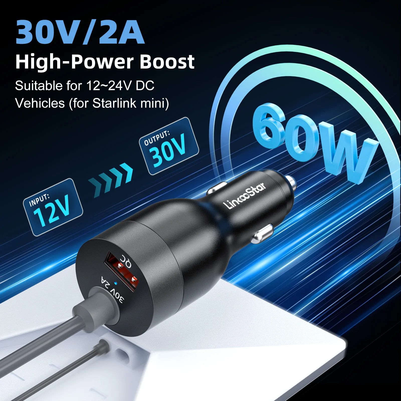 For Starlink Mini Car Cigarette Lighter to DC Power Adapter USB 2 in 1 For Starlink Mini Voltage Step Up Cord 30V 2A Car Charger
