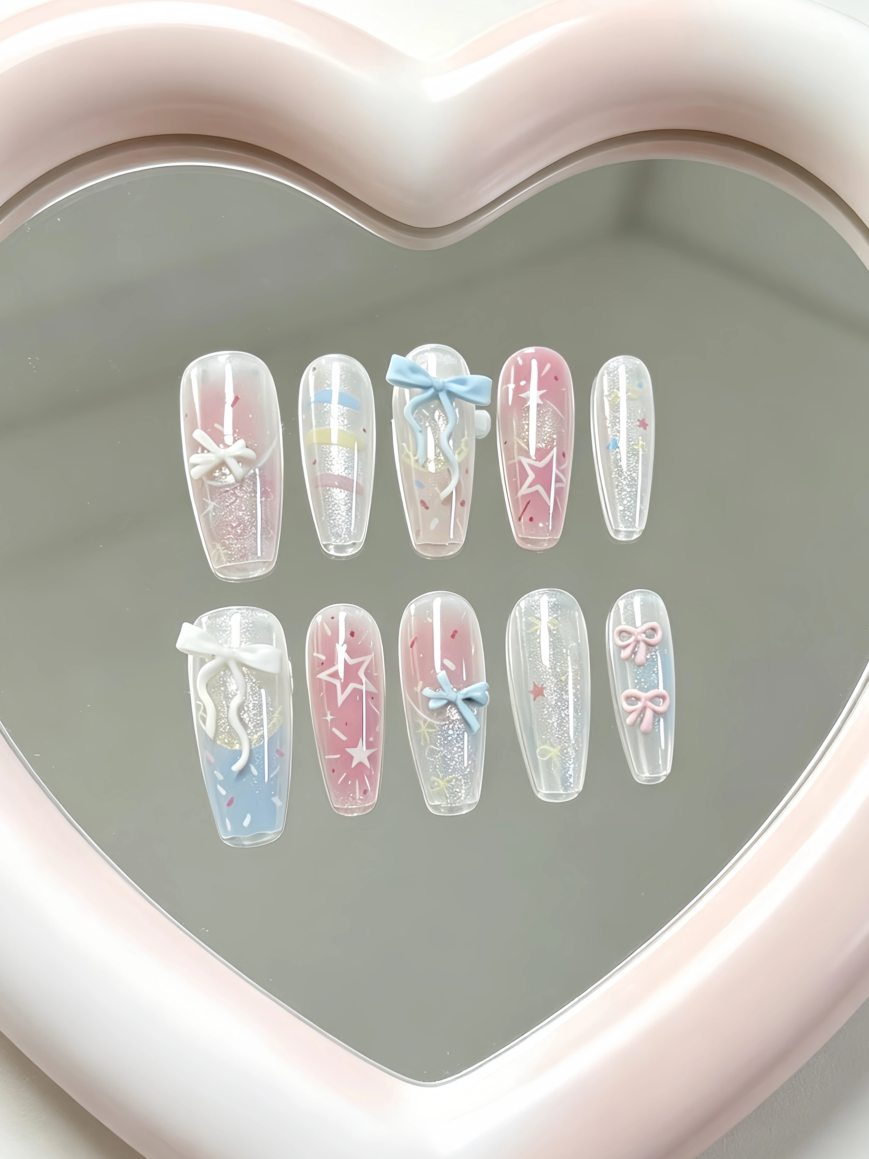 10-Piece Set of Medium-Sized Trapezoidal Nails, Milky White and Pink Blue Gradient Cat-Eye Press-On Nails, French-Style Ins-Style Star and Bow Silver Glitter Nail Tips, Sweet and Cute Nail Stickers for Students, Versatile and Transparent Korean-Style Ins-Style Fake Nails for Dating, Travel, Spring and Summer