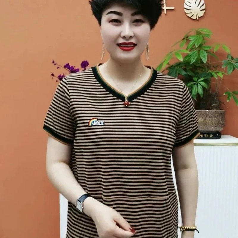 

Summer New plus Size Women's Loose T-Shirt Striped Short Sleeve Cover Belly Casual High Quality Fashion Mid-aged Women's Top
