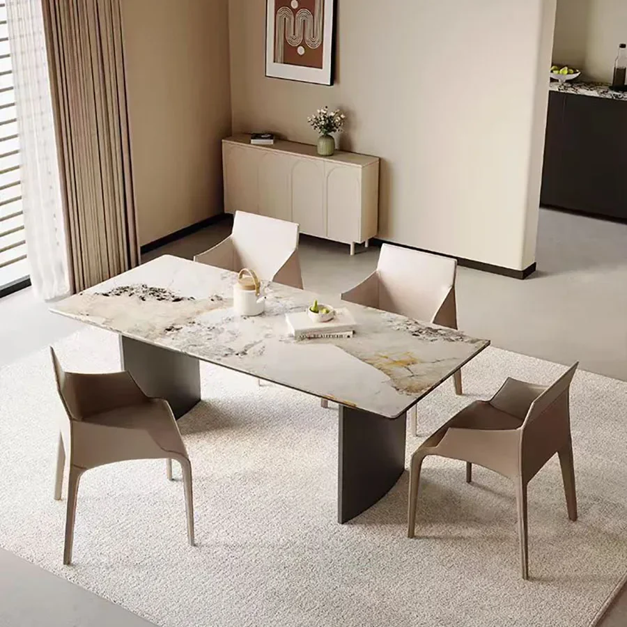 

L # Italian Marble Rectangular Dining Table Modern Home Hotel Furnishing Carbon Steel Legs Kitchen Living Room Use