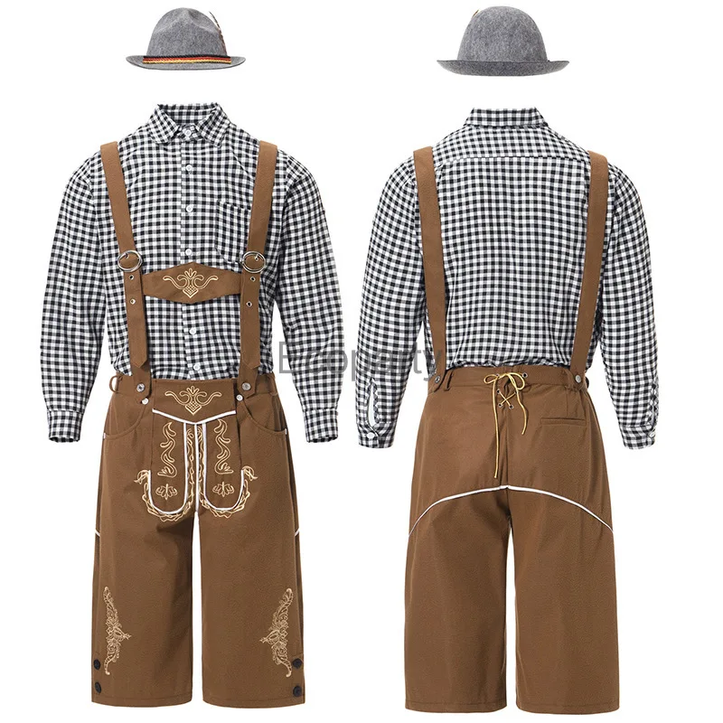 New German Oktoberfest Costume For Men Beer Lederhosen Top Suspenders Shorts Hat Set Male Tradition Bavarian Party Outfits