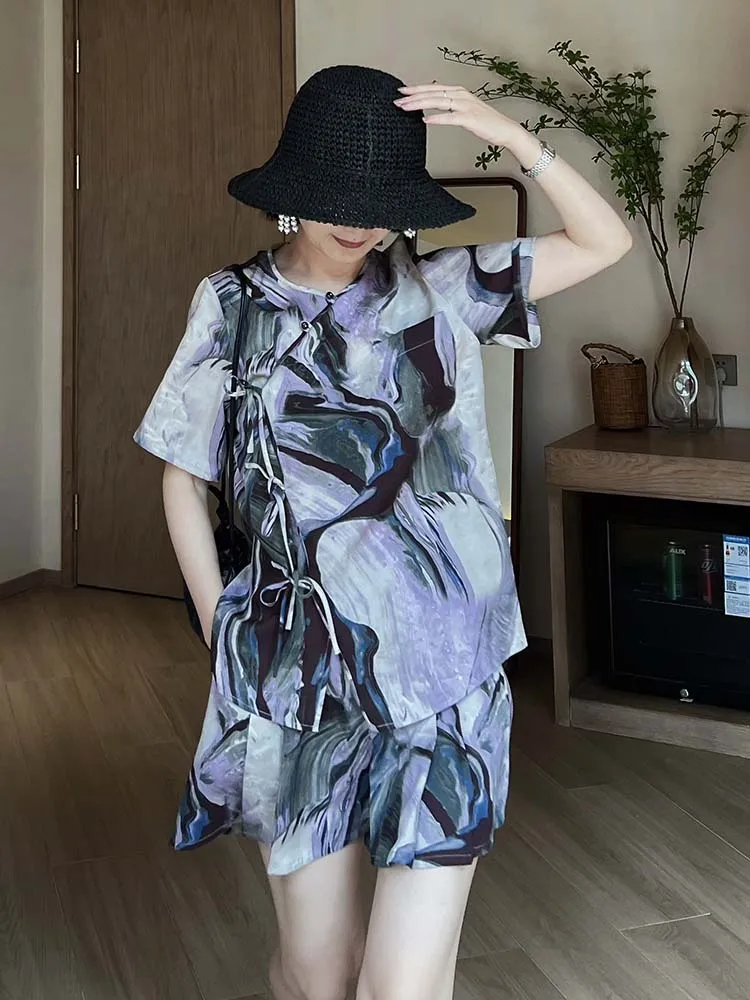 

Original Floral Print Chinese Sle Summer ort Sve Women's irt Set with orts And Skirt Faionable Ethnic Wear