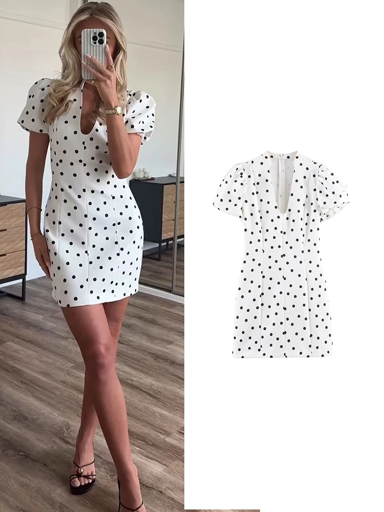 TFMLN Summer Women's Polka Dot Waist Defining Dress Sexy V Neck Short Sleeve Elegant Commuting Clothes Casual Lady Short Dress