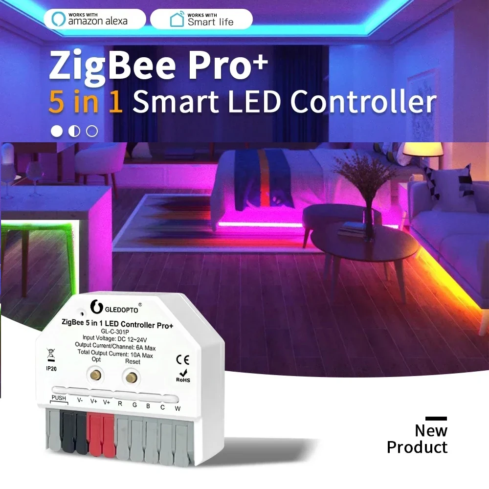 GLEDOPTO ZigBee3.0 Pro+ Ultra Mini 5-in-1 LED-controller DC12V-24V Werk met (RGBCCT/RGBW/RGB/CCT/Dimmer)