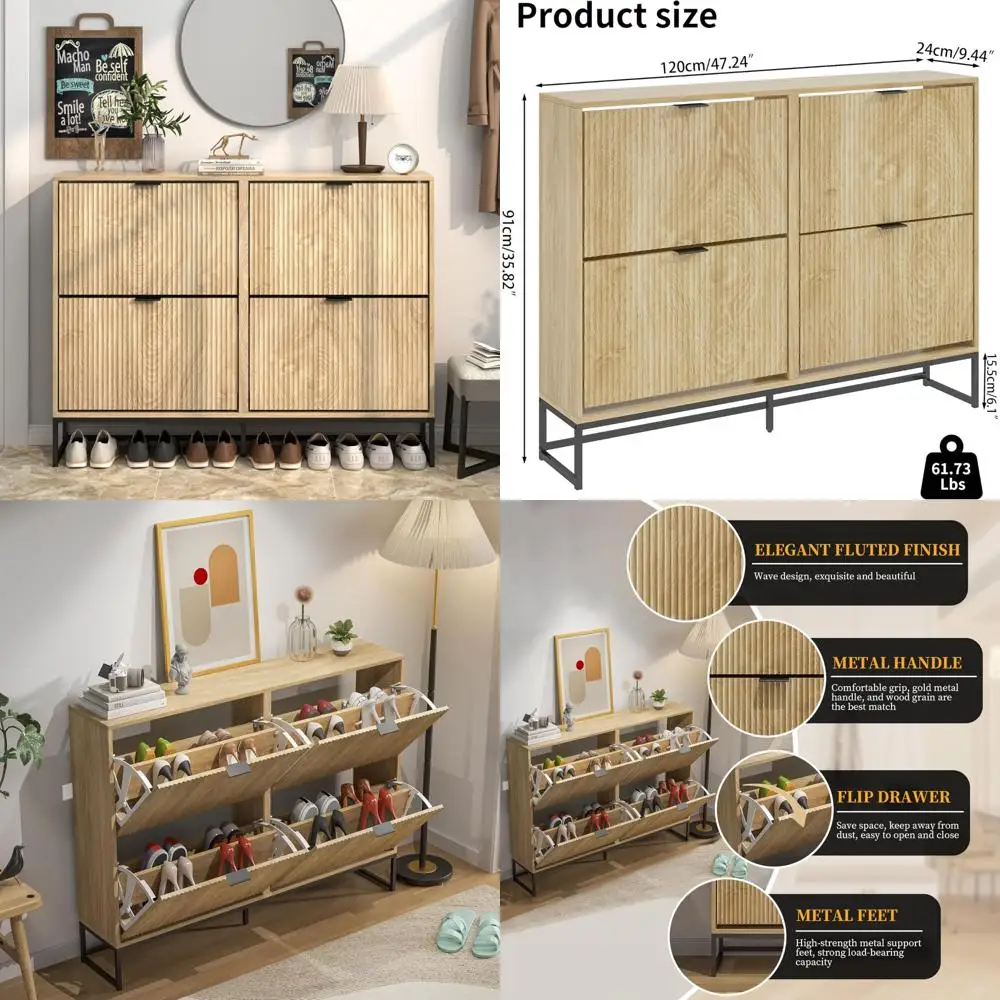 Modern Slim Entryway Shoe Cabinet with 4 Flip Drawers for Tipping Wooden Storage, Narrow Freestanding Shoe Rack