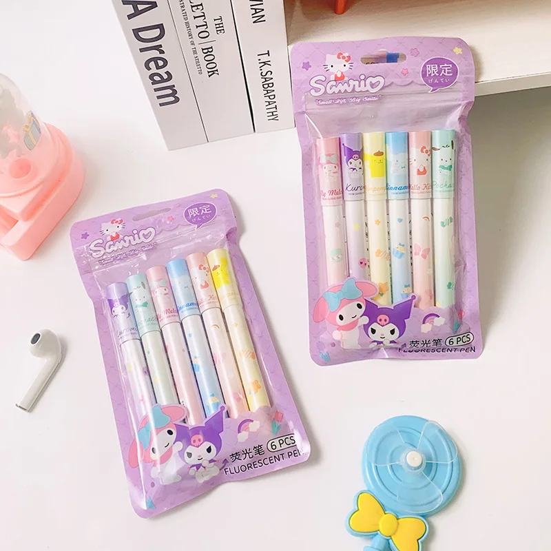 Kawaii Sanrio Highlighter Marker 6pcs Hello Kitty Kuromi School Office Student Stationery Girl Colorful Pen Multifunctional Pens