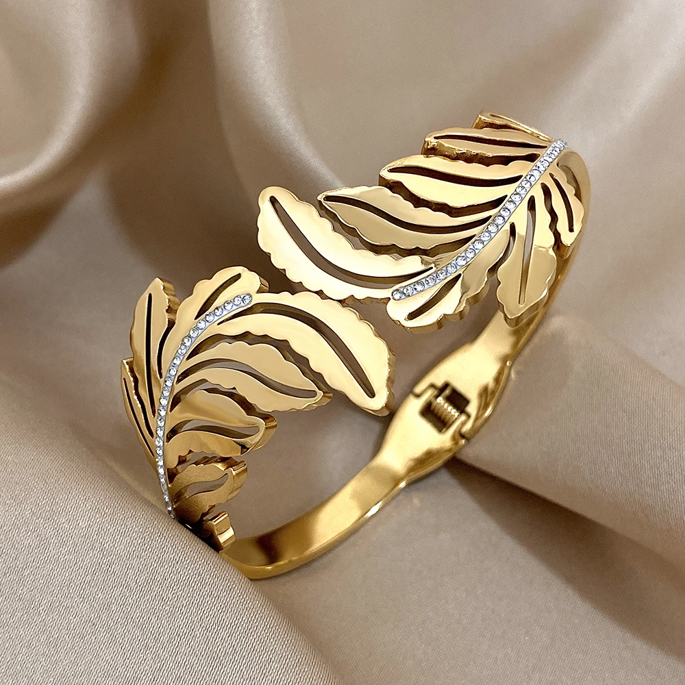 Exquisit Inlaid Rhinestone Feather Leaves Cuff Bracelets Fashion Gold Plated Stainless Steel Smooth Bangles Waterproof Jewelry