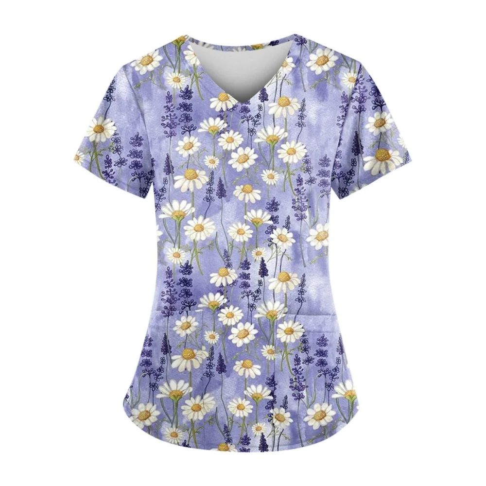 Women's Surgical Scrubs Fashion Floral Print Summer Casual V-Neck Short Sleeve T-Shirt Light Dental Vet Clinical Uniform Woman