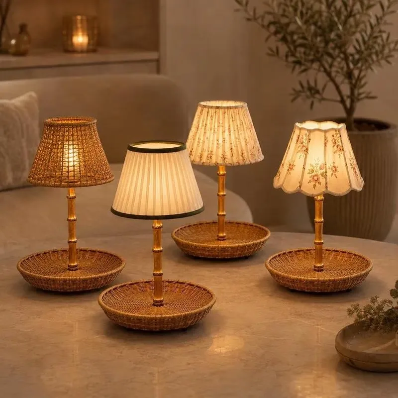 for Bamboo and rattan tray type cordless charging desk lamp with 4 interchangeable lampshades, simple remote control,