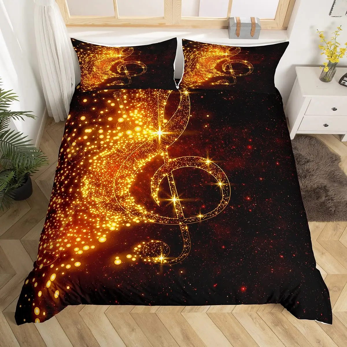 Music Notes Duvet Cover King Queen Glittering Guitar Musical Instrument Bedding Set Starry Comforter Cover Galaxy Quilt Cover