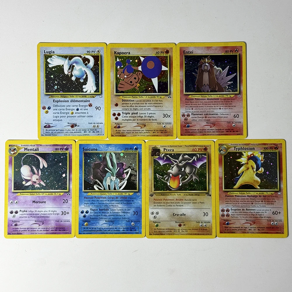 PKM French PTCG Foil Proxy Mixed Game Cards Entei Hitmontop Lugia Espeon Aerodactyl Suicune Typhlosion Collectible Toy Gift Card