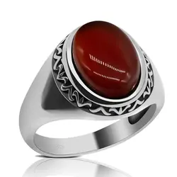 925 Sterling Silver Ring for Male with Red Natural Agate Stone Vintage Classic Simple 925 Silver Wedding Hand Rings Men