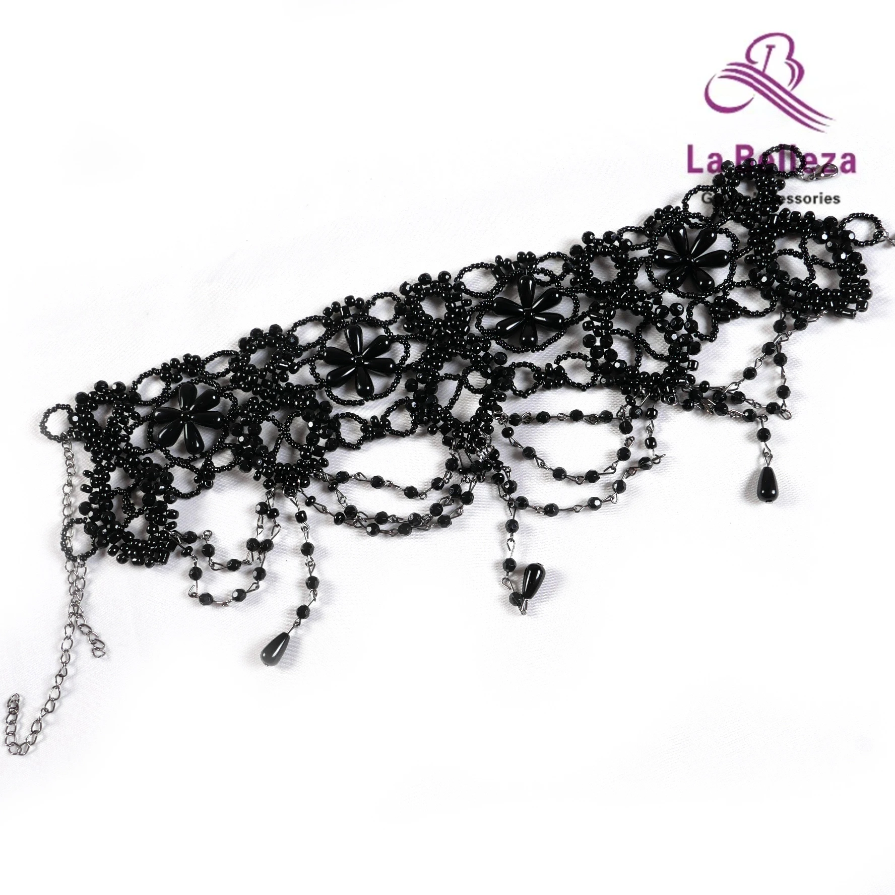 New vintage handmade diy black pearl crystal beaded titanium steel necklace for women