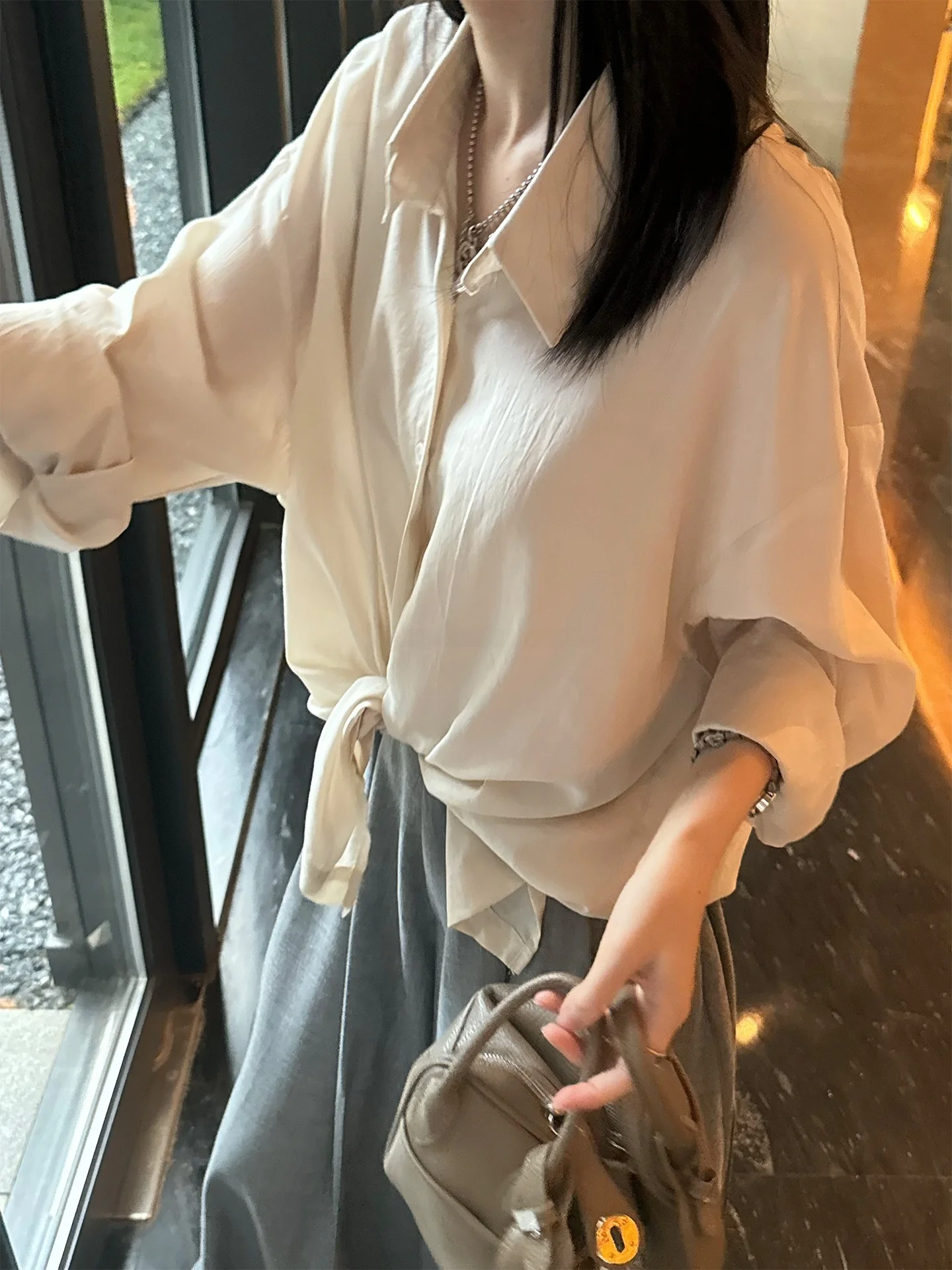 

Bling Bubble Simple Daily Feel Fine Loose Pure Color Shirt 2025 Autumn Outerwear Matching Basic Women's Cotton Polyester Blend