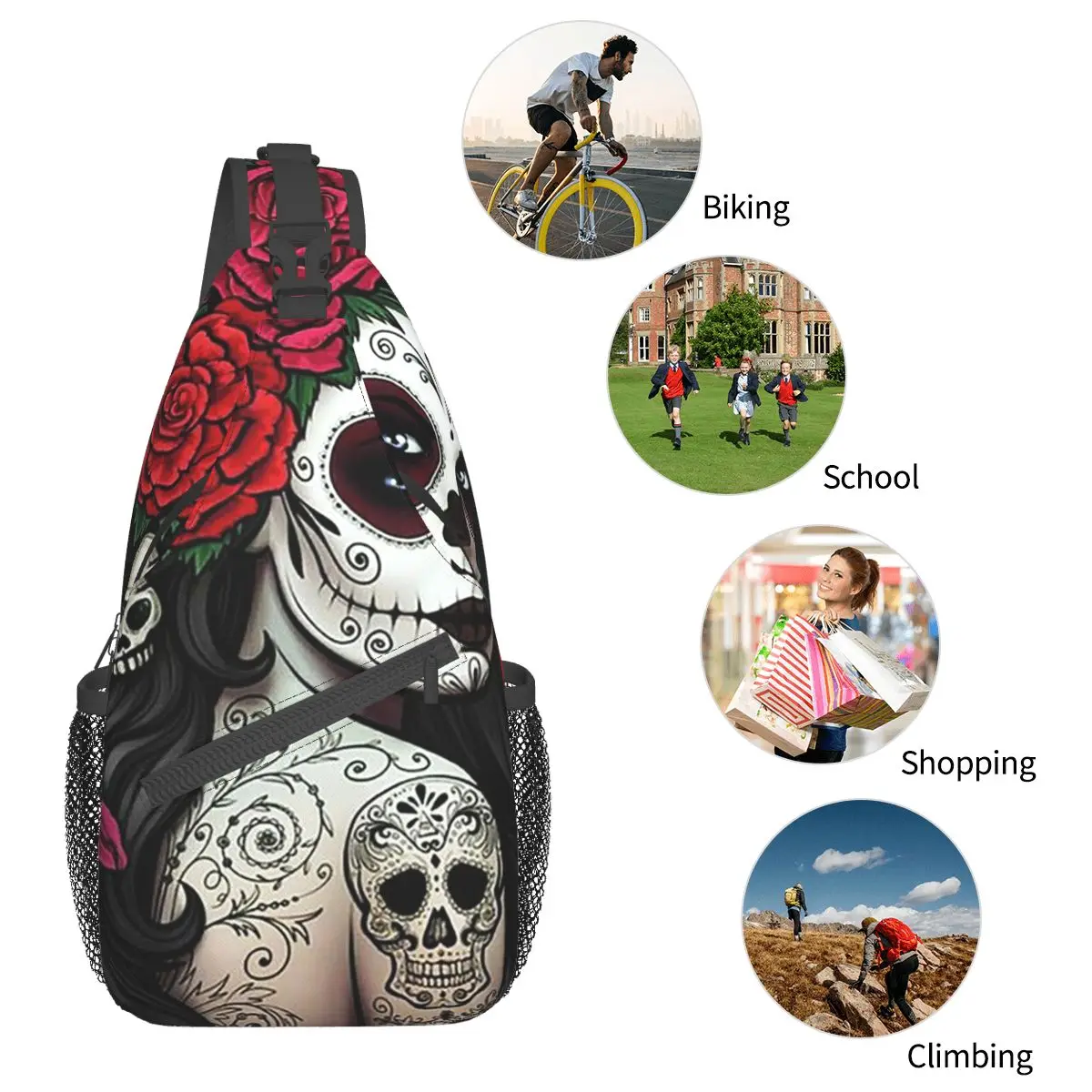 Sugar Skull Crossbody Sling Bags Smallchest Bag Mooi Meisje Schouder Rugzak Dagrugzak Voor Reizen Wandelen Camping Satchel